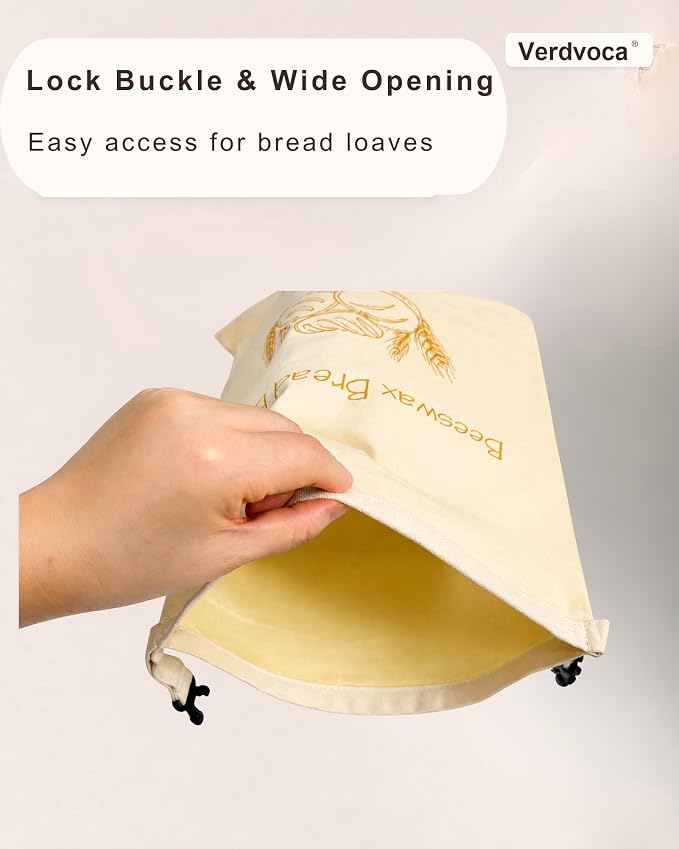 Beeswax Bread Bags for Sourdough, 2 Pack XL Reusable Organic Cotton Linen Bread Storage Bags with Lock Buckle, Natural Bees Wax Bread Bag for Homemade Bread, Freezer Friendly Food Storage, Keep Fresh