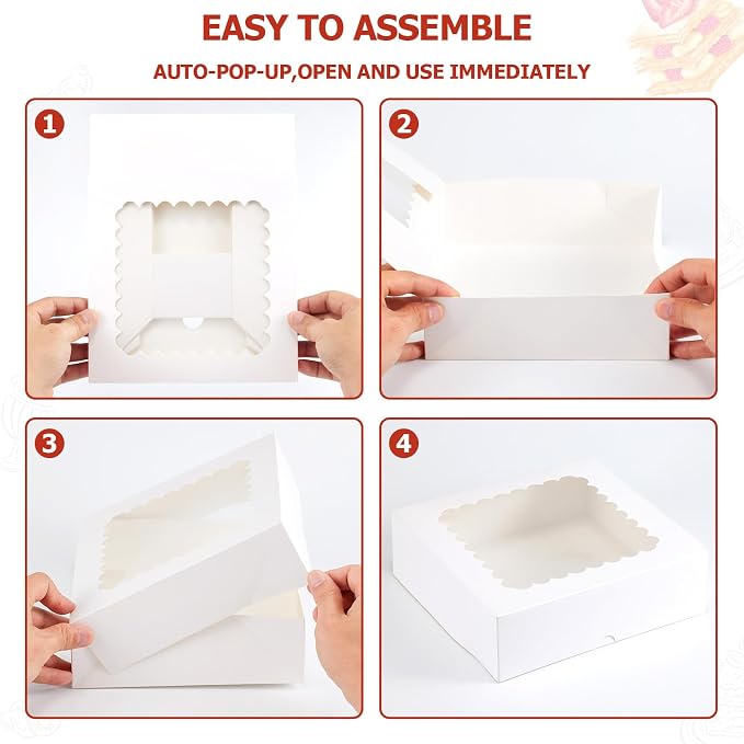 20 Pcs Chocolate Covered Strawberry Boxes with Window, Auto-Pop-Up 8x8x2.5 inches White Treat Boxes for Bakery,Pastry, Cookie, Dessert, Donut and Muffin