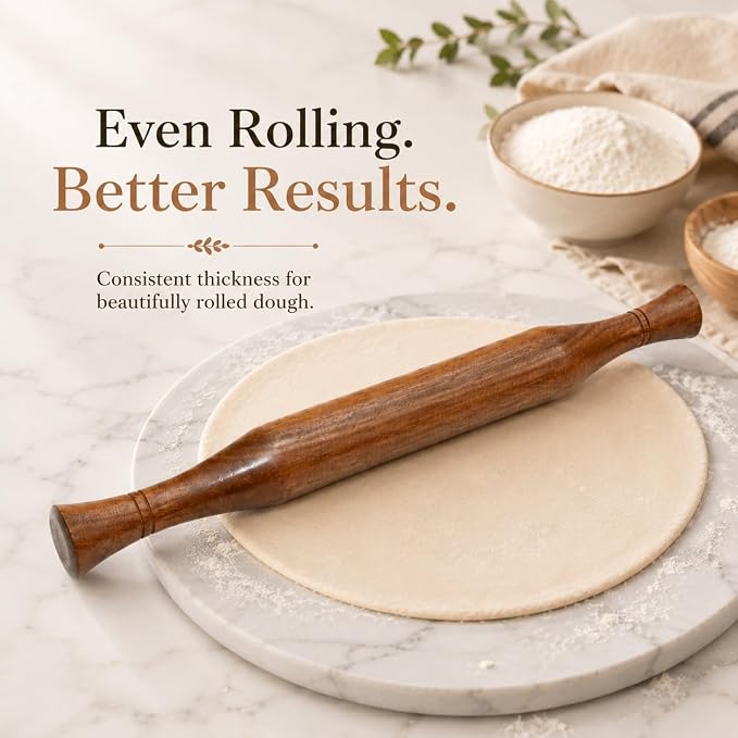 Wooden Rolling Pin With Ergonomic Handles for Baking & Pastry Kitchen Tool 14 inch, Natural Wood Dough Roller for Pizza, Pie, Cookies & Roti (Brown)