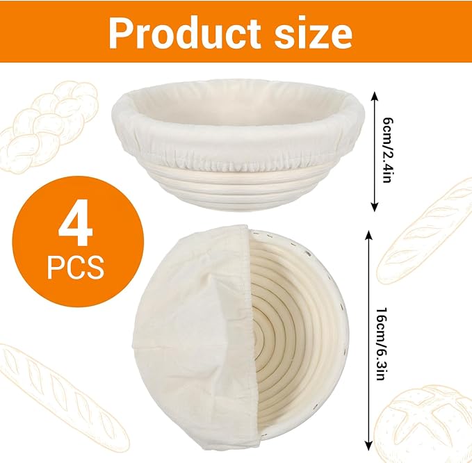 4-Pack Sourdough Bread Proofing Basket & Banneton Bread Proofing Basket Set with Liners, 6" Round Rattan Dough Bowls (6.3"x2.4") for Artisan Baking