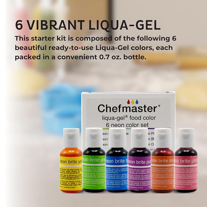 Chefmaster - Neon Liqua-Gel Food Coloring - Fade Resistant - 6 Pack of 20ml Bottles - Stunning Vivid Colors with Lightweight and Easy-To-Blend Formula