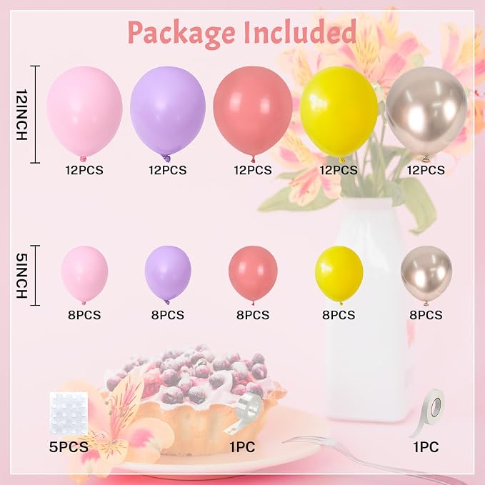 Fairy Balloon Arch Kit 107Pcs Pastel Pink Purple Balloons Garland Dusty Pink Yellow Champagne Gold Birthday Party Balloons for Girls Mushroom Butterfly Garden Wild Floral Bridal Baby Shower Decoration