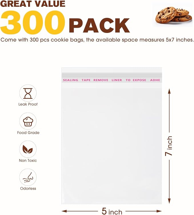300 Pcs Clear Self Sealing Cellophane Bags, 5x7 Inches Cookie Bags Resealable Cellophane Bag for Packaging Cookies, Candy, Gifts, Favors and Products, 3 Mils Individual Self Adhesive Wrappers