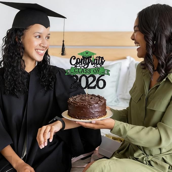 Glitter Class of 2026 Cake Topper，Congrats Grad Decorations， 2026 Happy Graduation High School/College/University Graduation Party Supplies
