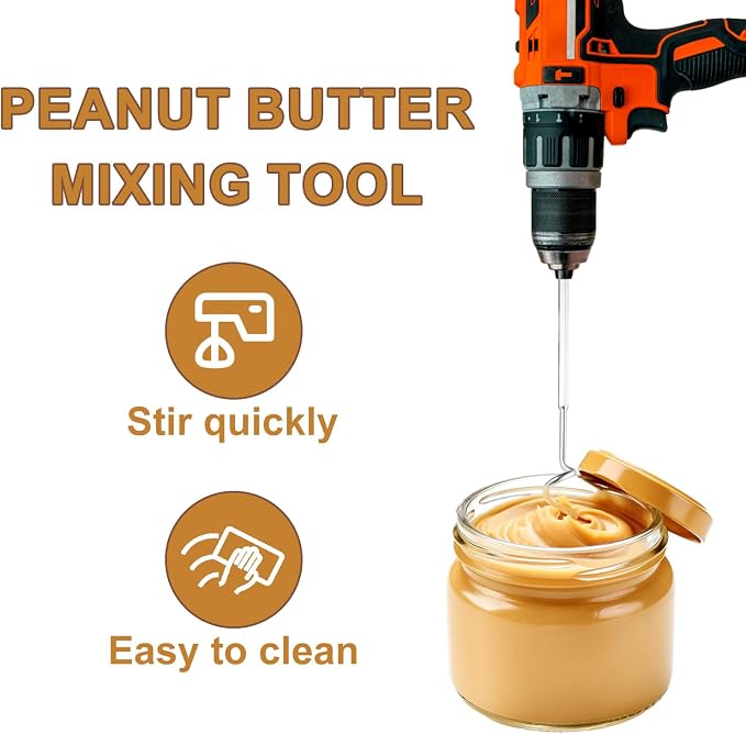 2pcs Peanut Butter Stirrers, 30cm/11.8in Stainless Steel Nut Butter Mixer Tool Drill Hand Mixers and Drills Accessory for Mixing Various Almond Peanut & Jam(Silver)