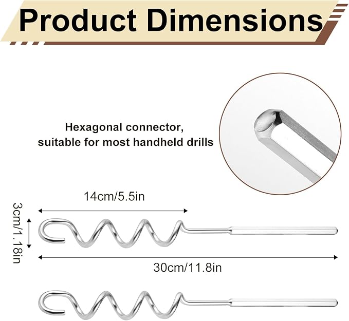 2pcs Peanut Butter Stirrers, 30cm/11.8in Stainless Steel Nut Butter Mixer Tool Drill Hand Mixers and Drills Accessory for Mixing Various Almond Peanut & Jam(Silver)