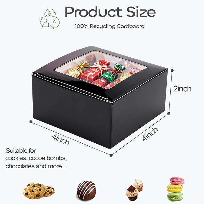 Frantis 24 Pack Black Gift Boxes with Window, 4x4x2 Inch Soap Boxes for Packaging, Small Favor Treat Boxes for Cookies, Candy, Handmade Soap, Wedding Party Favors with Gold Ribbon
