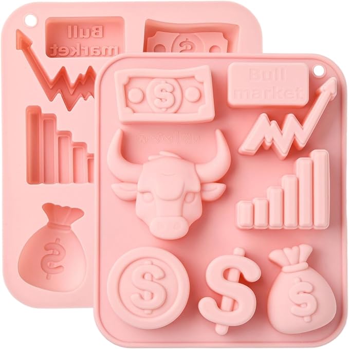 Ipotkitt 2pcs Pink Stock Market Themed Silicone Candy Molds Money Dollar Sign Bull Market Gummy Molds for Jelly Fondant Chocolate Candy Ice Cake DIY Crafts