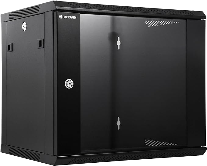 RackPath 9U Wall Mount Network Rack Cabinet – Quiet Cooling Fan, Locking Glass Door, 17.7" Deep (450mm), Removable Locking Side Panels, Fits 19" IT & A/V Equipment