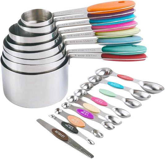 Premium Stainless Steel Measuring Cups and Spoons Set - 17-Piece Set with Magnetic Measuring Spoons, Non-Slip Silicone Handles, Perfect for Kitchen Baking & Cooking Tools