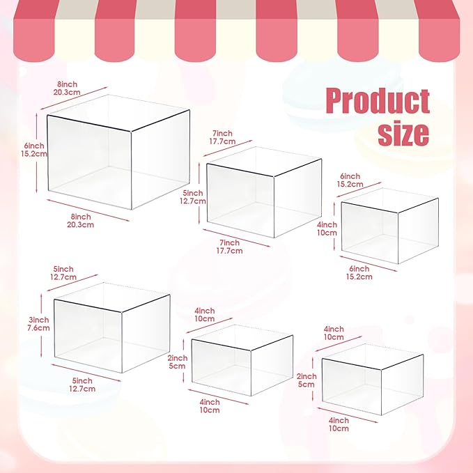 6 Pcs Acrylic Buffet Risers, Clear Stackable Food Display Stand, Nesting Cube Box with Hollow Bottom, Food Risers for Buffet Table Dessert Jewelry Catering(8'' 7'' 6'' 5'' 4'' 4'')