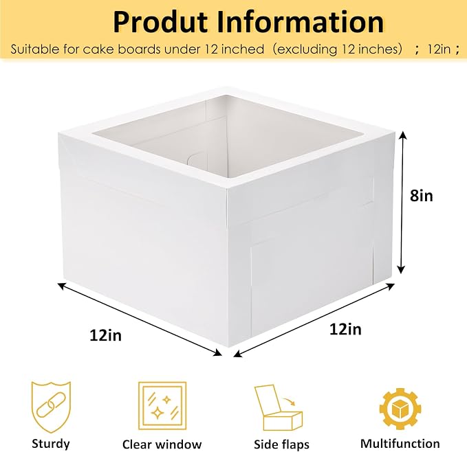 Moretoes 30pcs Cake Boxes 12x12x8 Inch, Bakery Containers with Large Window, 12 Inch White Cake Carrier, Disposable Boxes for Birthday, Party, Cupcake Cookie Pie Pastry