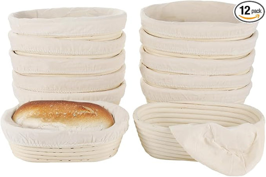 12 Pcs Banneton Bread Proofing Baskets, 10" Oval Sourdough Baking Bowls with Removable Cloth Liners, Rattan Bread Baskets for Even Fermentation, Ideal for Beginners and Pros