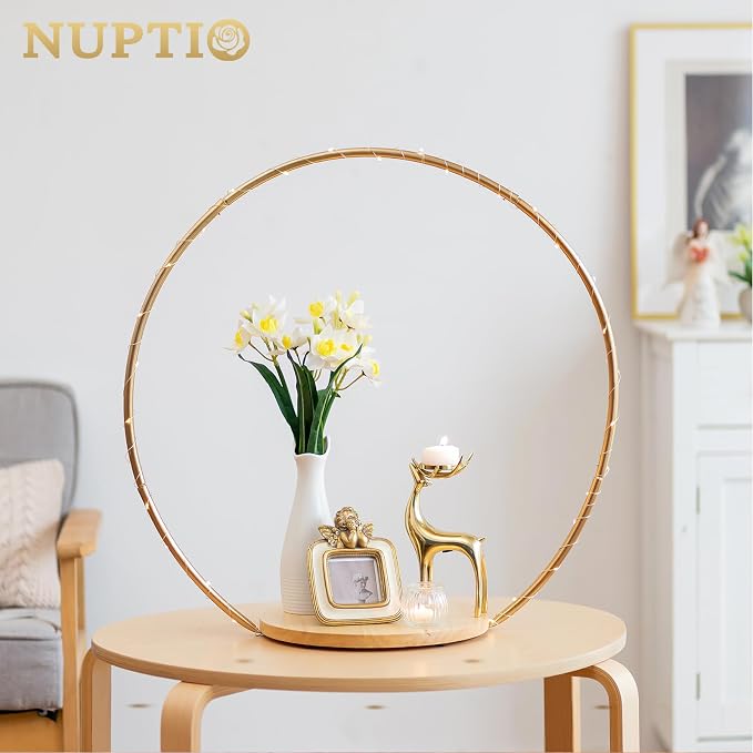 NUPTIO Wedding Cake Stand Gold: 11.7 Inch Cupcake Flower Display Pedestal Wood Table Arch Stands with Base Metal Round Floral Hoop Centerpiece Decor for Birthday Party Christmas Festival Baby Shower
