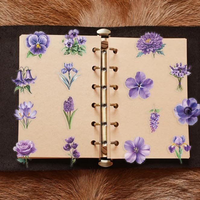 50Pcs Transparent Purple Flowers Stickers