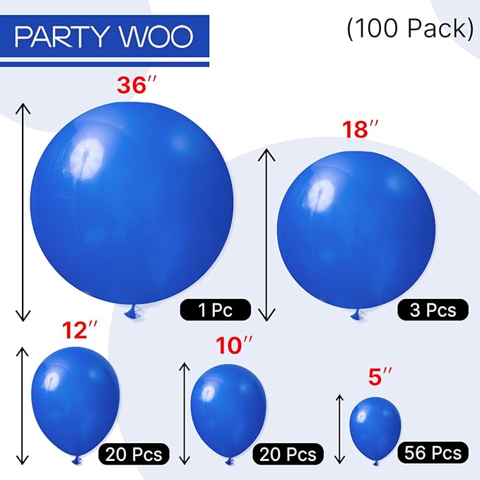 PartyWoo Royal Blue Balloons 100pcs Different Sizes Pack of 36 18 12 10 5 Inch Dark Blue Balloon Arch Kit for Baby Shower Gender Reveal Graduation Under The Sea Birthday Party Decorations Blue-Y59