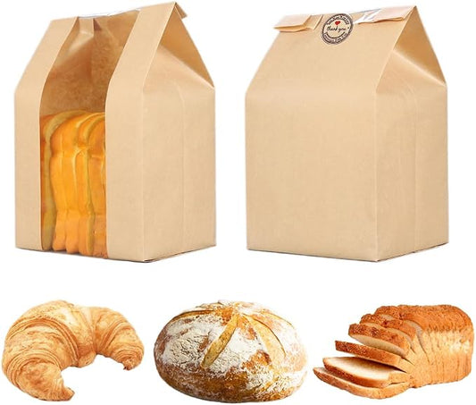 GRANDAN 200 Packs Large Paper Bread Bags for Homemade Bread, Kraft Paper Bakery Bags with Window for Sourdough Toast Packing Storage, Baked Loaf Gifting Bag Bonus Label Seal Stickers 12.6x8.3x4.0 inch
