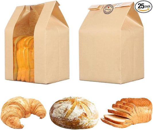 GRANDAN 25 Packs Large Paper Bread Bags for Homemade Bread, Kraft Paper Bakery Bags with Window for Sourdough Toast Packing Storage, Baked Loaf Gifting Bag Bonus Label Seal Stickers 12.6x8.3x4.0 inch