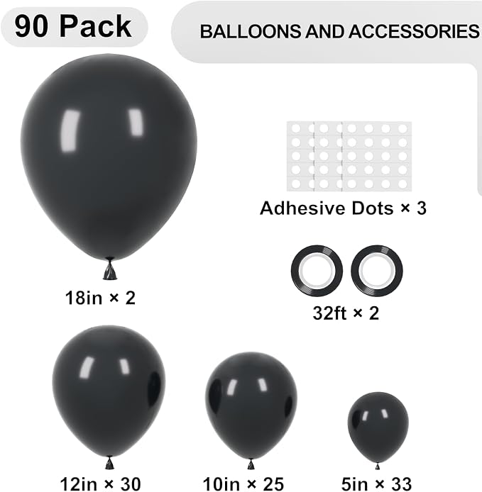 Voircoloria 90pack Black Balloons Different Size 18/12/10/5 Inch Black Balloon Garland Arch Kit for Graduation, Wedding, Birthday, New Year, Baby Shower, Anniversary, Holiday Party Decorations