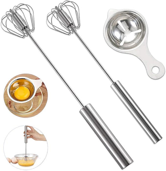 Stainless Whisks, 2 Pieces 10"/12" Hand Push Egg Beater Mixer, Non Electric Easy Whisk Just Pressing and Whisking Save Much Energy Kitchen Utensil for Blending, Whisking, Beating and Stirring