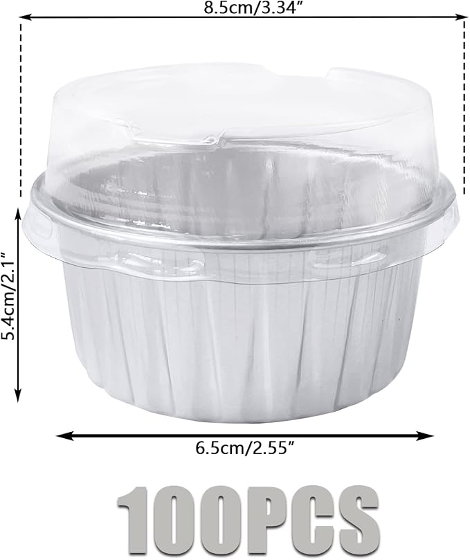 100Pcs Aluminum Cups with Lids,5oz Disposable Ramekin Baking Cups Muffin Liners Mini Pie Pans Foil Cupcake Containers for Christmas Party Wedding,Silver