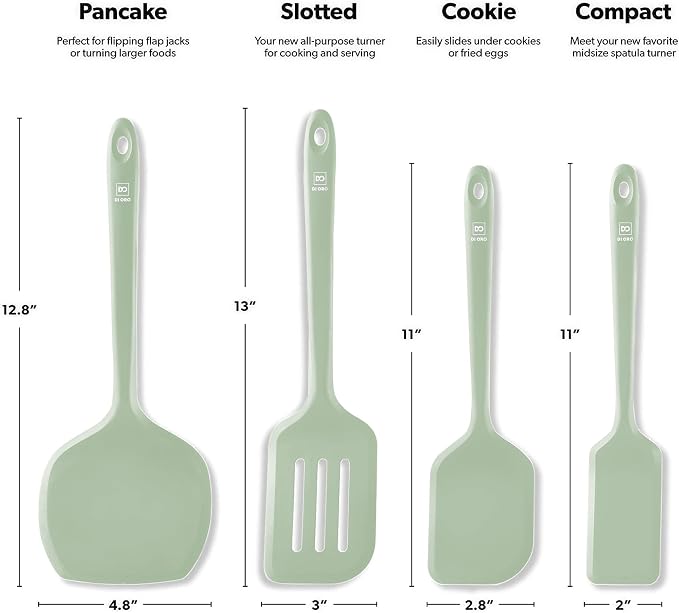 New DI ORO Silicone Turner Spatula Set - Kitchen Spatulas for Nonstick Cookware - Cooking Utensils for Flipping Eggs & Pancakes - 600°F Heat-Resistant BPA Free Turners - Dishwasher Safe (4pc, Sage)