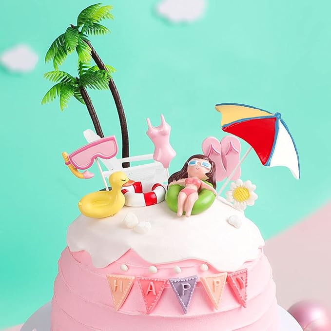 Pink Cake Decoration Beach Cake Toppers Summer Birthday Party Supplies Beach Party Supplies Swimming Pool Party Supplies