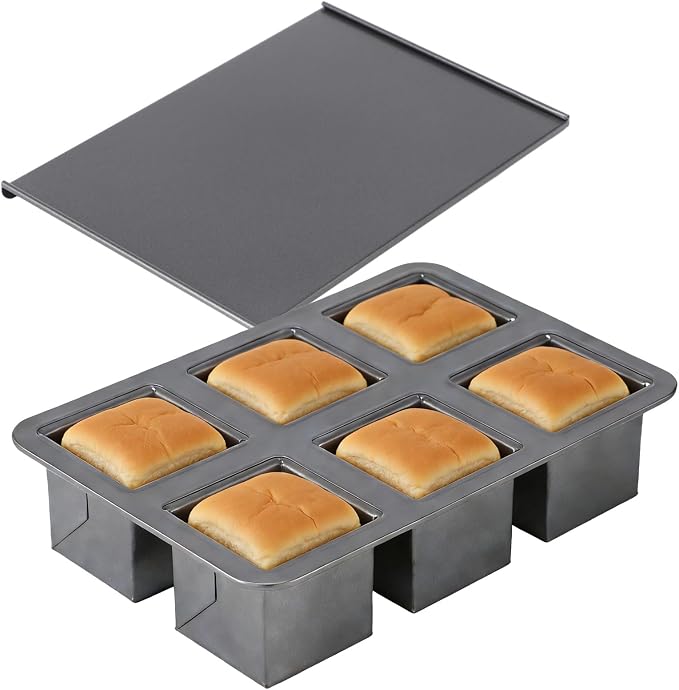 6-Cavity Mini Pullman Loaf Pan with Lid, 10.24 x 6.89 x 2.36 in Nonstick Square Bread Baking Pan, Carbon Steel Toast Box Mould with Cover for Oven, Dark Gray