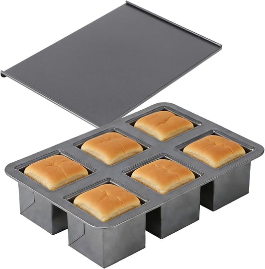 6-Cavity Mini Pullman Loaf Pan with Lid, 10.24 x 6.89 x 2.36 in Nonstick Square Bread Baking Pan, Carbon Steel Toast Box Mould with Cover for Oven, Dark Gray