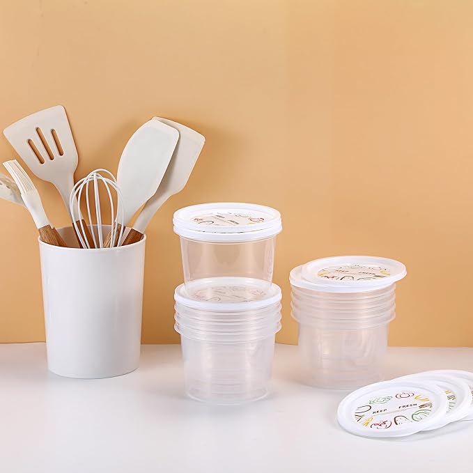 BSTKEY Round Pizza Dough Proofing Boxes, Set of 9 Stackable Food Storage Containers with Lid, 700ml Clear Plastic Tray Fits for 235 Gram Pizza Dough, For Making within 10" Pizzas
