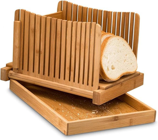 DECHOUS Bamboo Bread Slicer Guide with Crumb Tray Adjustable Loaf Slice Cutter for Homemade Bread Toast Bagels Sandwiches Foldable Kitchen Cutting Board 13.77 X 8.07 X 6.10 in