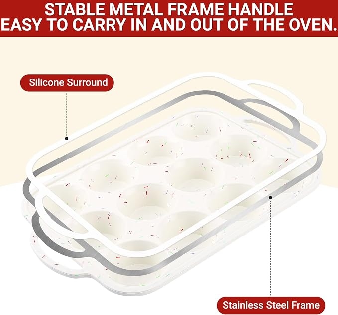 Silicone Muffin Pans for Baking 12 Cup with Metal Reinforced Frame, Nonstick 2Pack Regular Size Homemade Cupcake Pan, BPA Free Food Grade, Easy Release, Dishwasher Oven Freezer Safe for Egg Bite Molds