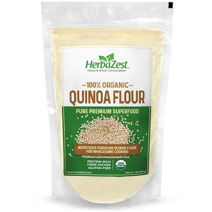 HerbaZest Organic Quinoa Flour – 1 lb (16 oz) – Complete Protein & Fiber – Mild Flavor Wheat Flour Alternative – USDA Certified, Vegan, Non-GMO & Naturally Gluten-Free – Ideal for Baking, Pancakes, Crackers & More