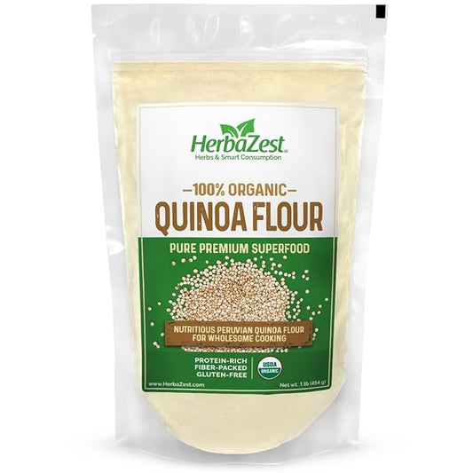 HerbaZest Organic Quinoa Flour – 1 lb (16 oz) – Complete Protein & Fiber – Mild Flavor Wheat Flour Alternative – USDA Certified, Vegan, Non-GMO & Naturally Gluten-Free – Ideal for Baking, Pancakes, Crackers & More