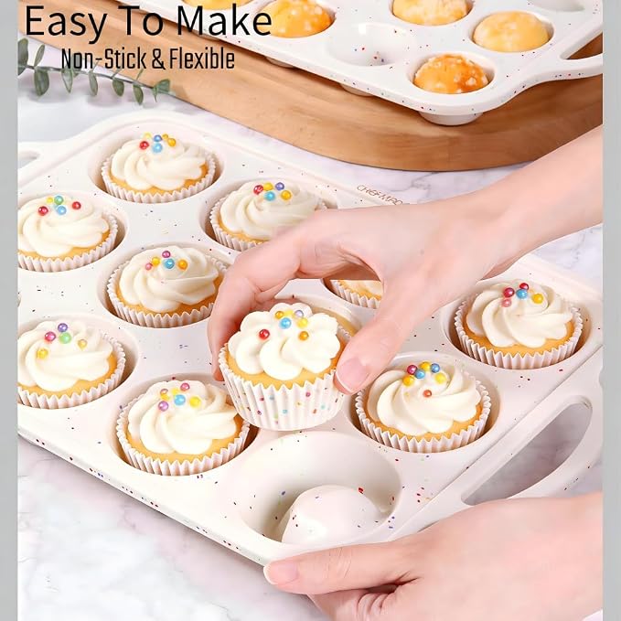 Silicone Muffin Pan, Non-Stick Cupcake Baking Tray, 12-Cup Muffin Tin for Baking with Silicone Basting Pastry Brush Set, Dishwasher Safe Mold for Cupcakes, Muffins, Cakes, 2 Pack