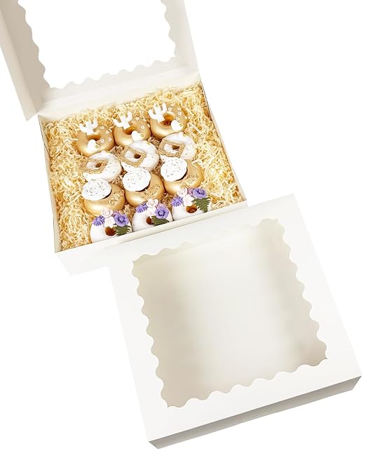 Bakepacker 20pcs White Pie Boxes 12x12x3 inches Easy Assemble Macaroon Cookie Boxes Bakery Boxes with Window for Bakery (Auto-pop Up)