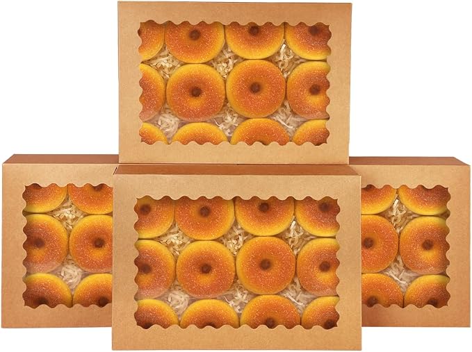 qiqee Auto-pop Up Brown Cookie Box with Window 16x10.5x2.5 Inch 24Pcs Bakery Pastry Macaron Bakery Box for Packaging