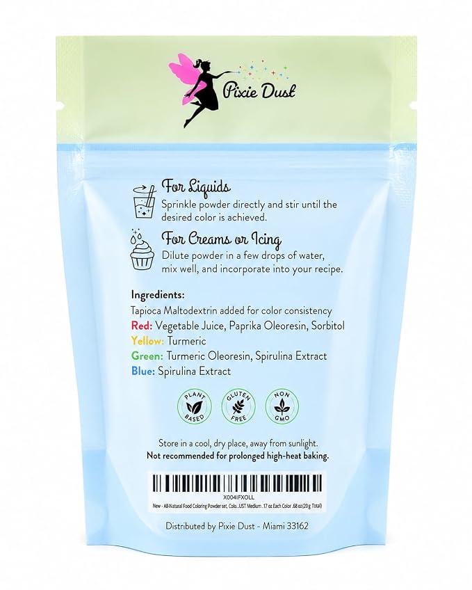 All-Natural Food Coloring Powder set - Red, Yellow, Blue, Green. | Perfect for cake decorating, cookie frosting, icing & drinks | Dye-Free, Plant-Based, Flavorless, Kosher | No-Carmine, No annatto, No Propylene Glycol | by PIXIE DUST | Medium .17 oz Ea...