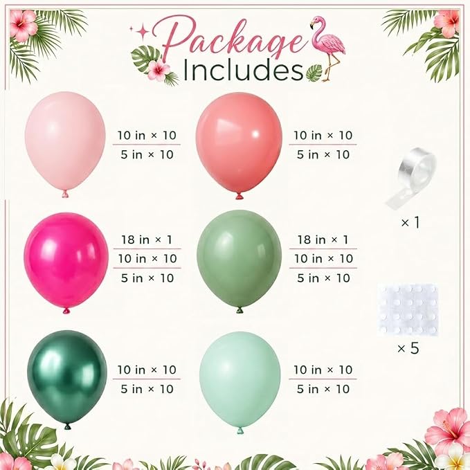 Tropical Flamingo Balloon Arch Garland Kit, Hot Pink Metallic Green Light Pink Orange Balloon Flamingo Foil Balloons for Hawaiian Summer Luau Aloha Beach Pool Baby Shower Birthday Party Decorations