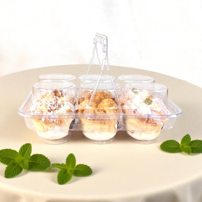 6-Cavity Clear Cupcake Containers,Cupcake Carton With Handle(50pc) | 6-Compartment Cupcake Containers With Handle, TClear Plastic Cupcake Cartons With Lid, Cake Rack For Cake Shops And Bakeries