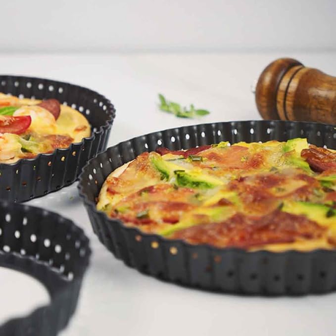 Ragyzity 8 inch Quiche Pan, Tart Pan, Thick Carbon Steel Round Fluted Tart Tin Flan Dish Removable Loose Bottom, Fruit Cake Mould Pie Tray Bakeware for Pizza, Pie, Flans