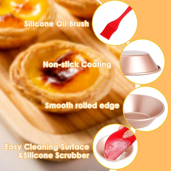 8 Pack Egg Tart Molds, Non-Stick Tartlets Dessert Mold Pans, Mini Tiny Pie Carbon Steel Muffin Tins, Cupcake Pans w/Oil & Dish Brushes for Cakes, Cookies, Quiche, Gold
