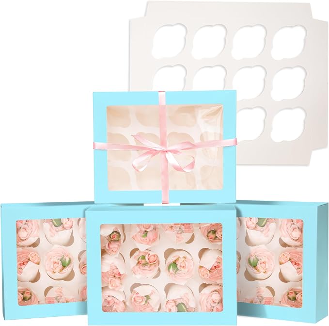 Bakepacker 12 Cupcake Containers 10-Packs Light Blue Cupcake Box Cupcakes Carrier, 12 Cupcake Boxes with Window 13"x10"x3.5"（Auto-pop up）