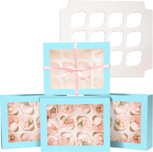Bakepacker 12 Cupcake Containers 10-Packs Light Blue Cupcake Box Cupcakes Carrier, 12 Cupcake Boxes with Window 13"x10"x3.5"（Auto-pop up）