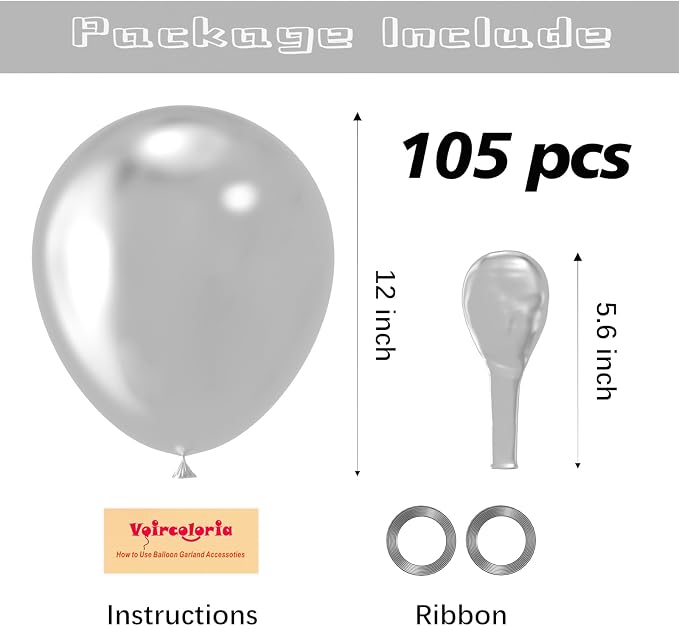 Voircoloria 105pcs Metallic Silver Balloons 12inch Party Latex Balloons for Birthday Graduation Baby Shower Wedding Anniversary New Year Party Decorations