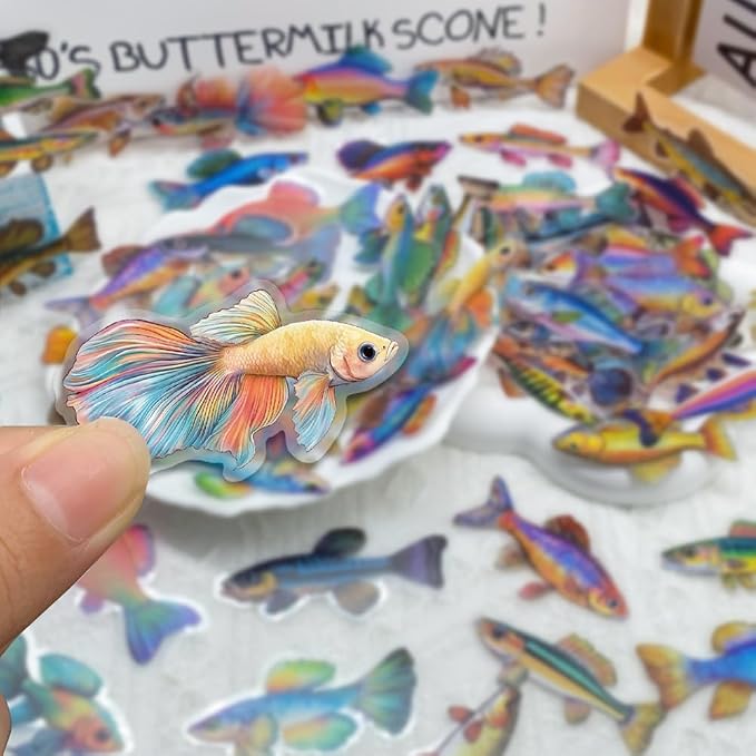 Fish Stickers, 100Pcs Waterproof Vinyl Tropical Fish Decals for Water Bottles Laptop Luggage Scrapbook Journal Cute Aquarium Fish Stickers for Fishing & Ocean Animal Lover Gifts