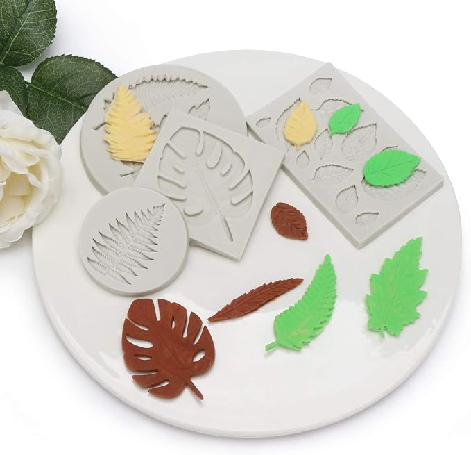 Beasea Leaf Fondant Silicone Mold, 4pcs Leaf Soap Mold Rose Clay Molds Maple Pattern Mold Candy Chocolate Cake Decorating Molds for Sugar Craft