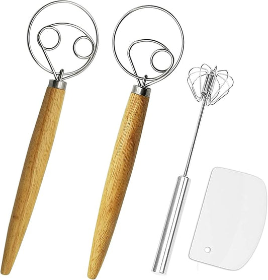 Listenman Danish Dough Whisk Bread Mixer & Egg Whisk Kits, 2 Pack Premium Stainless Steel Dutch & 1 Pack Hand Push Rotary Blender for Pastry Pizza Dough, with a Dough Scraper for Bread