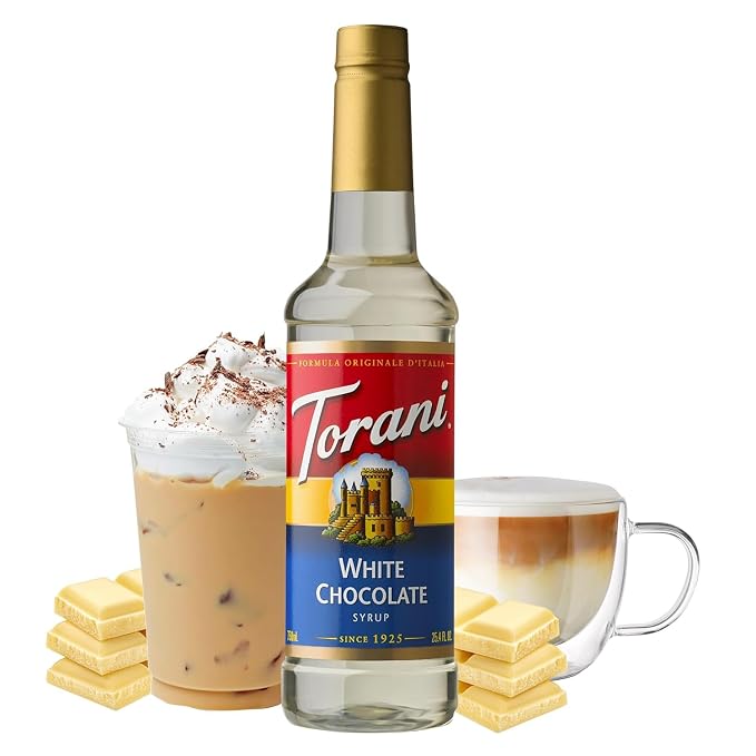 Torani Coffee Syrup, White Chocolate Flavored Syrup for Drinks, Glass Bottle 4-Pack, Pumps Included, 25.4 Fl Oz Ea