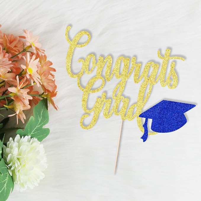 Congrats Grad Cake Topper,2026 Graduation Cake Topper, Congrats Grad Decorations,2026 High School/College/Senior Graduation Party Decorations Supplies. (Congrats Grad Gold dark blue)